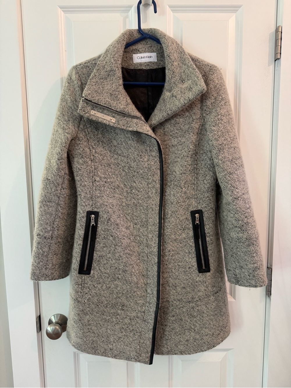 Calvin Klein Heather Gray Wool-Blend Asymmetrical Zip Trench Coat